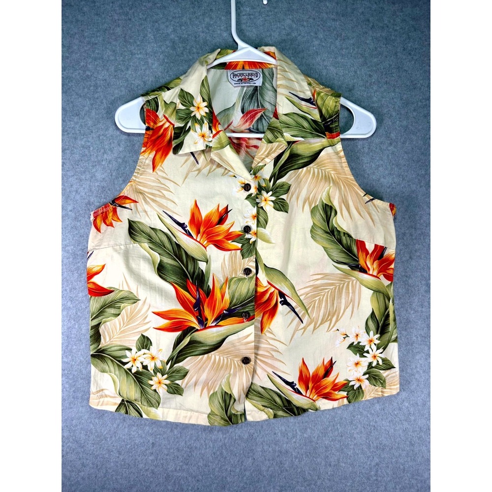 Pacific Legend Hawaiian Shirt Womens Medium Beige Bird Of Paradise Sleeveless
